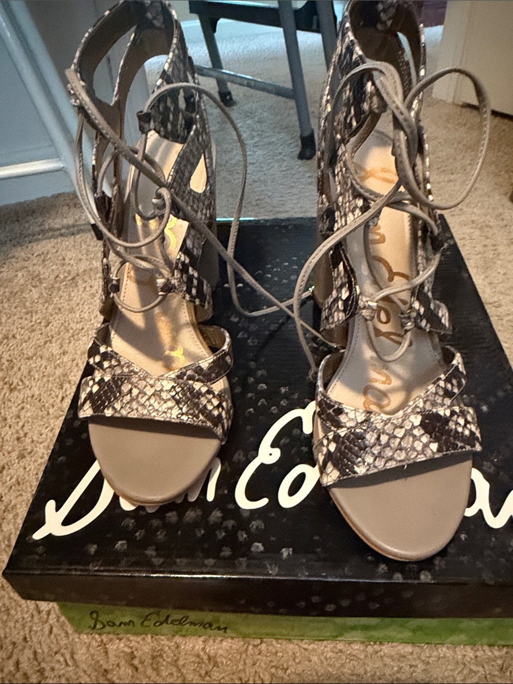 Sam Edelman Taupe Snake-Print Lace-Up Heeled Sandals